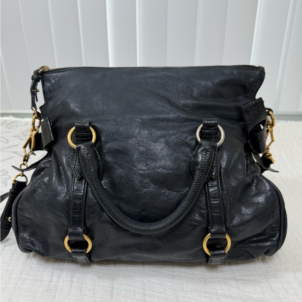 AUTHENTIC Miu Miu Black Leather Shoulder Bag with Gold Accents
